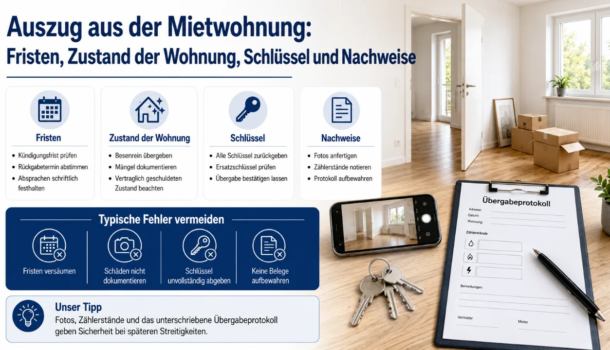 Auszug aus der Mietwohnung: Fristen, Zustand der Wohnung, Schlüssel und Nachweise