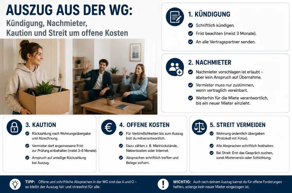 Auszug aus der WG: Kündigung, Nachmieter, Kaution und Streit um offene Kosten
