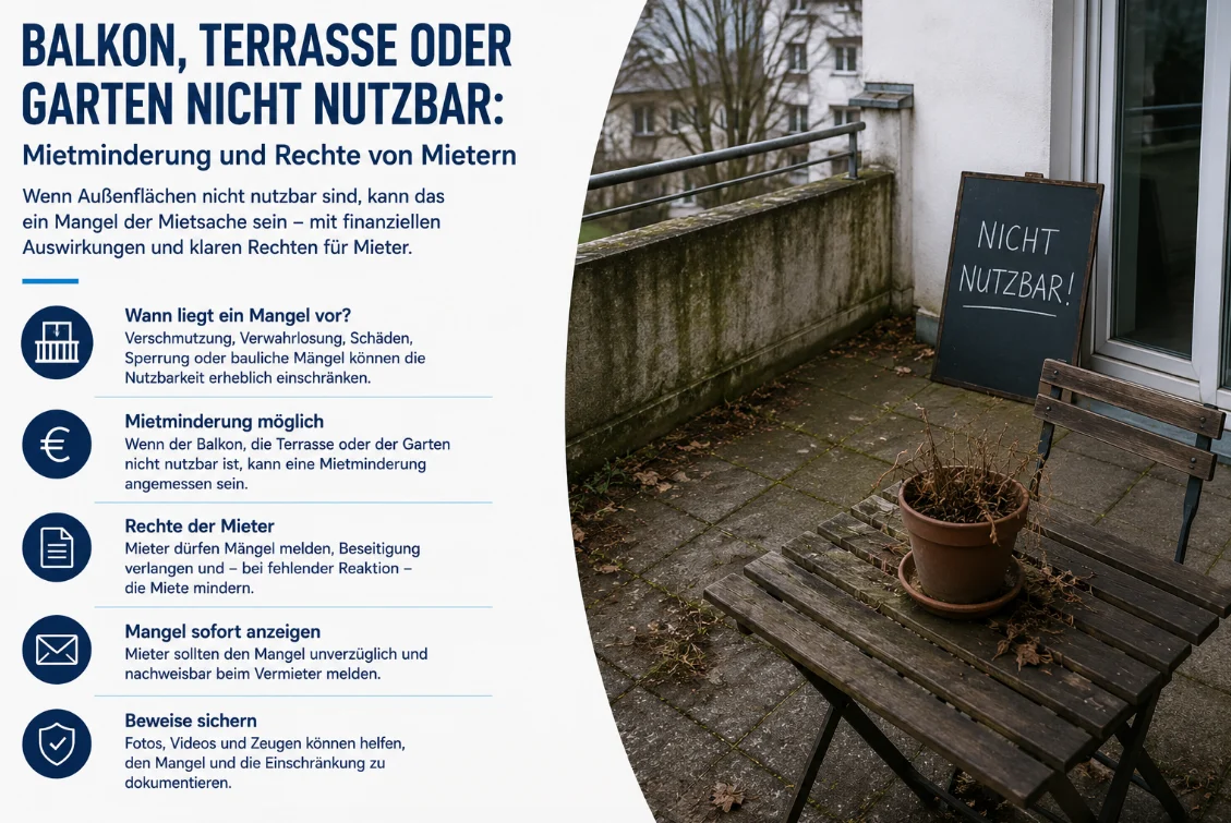 Balkon, Terrasse oder Garten nicht nutzbar: Mietminderung und Rechte von Mietern