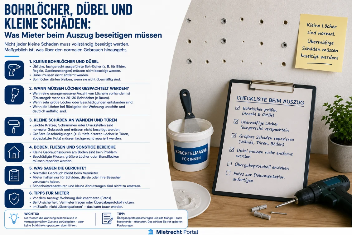 Bohrlöcher, Dübel und kleine Schäden: Was Mieter beim Auszug beseitigen müssen