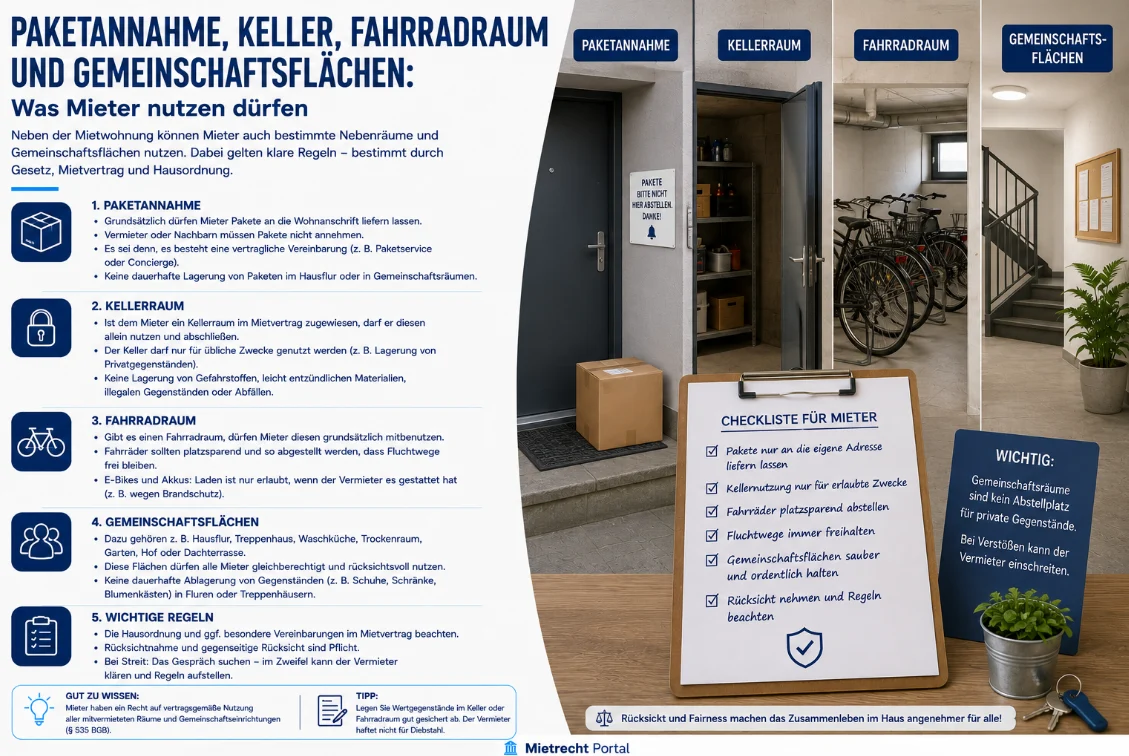 Paketannahme, Keller, Fahrradraum und Gemeinschaftsflächen: Was Mieter nutzen dürfen