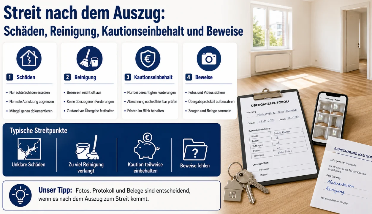 Streit nach dem Auszug: Schäden, Reinigung, Kautionseinbehalt und Beweise