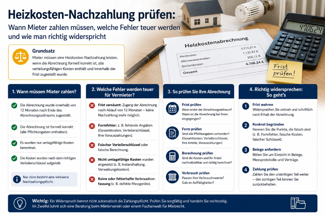 Heizkosten-Nachzahlung prüfen: Wann Mieter zahlen müssen, welche Fehler teuer werden und wie man richtig widerspricht