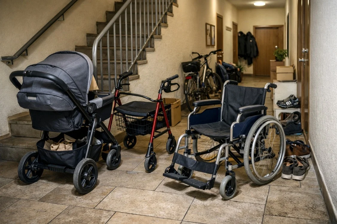 Kinderwagen, Rollstuhl und Gegenstände im Hausflur: Was im Mietshaus erlaubt ist und wo Streit beginnt