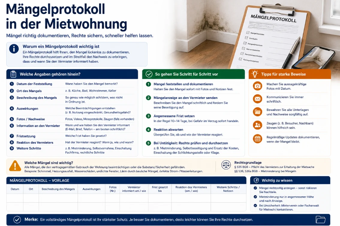 Mängelprotokoll in der Mietwohnung: Wie Mieter Schäden, Beweise und Fristen richtig dokumentieren