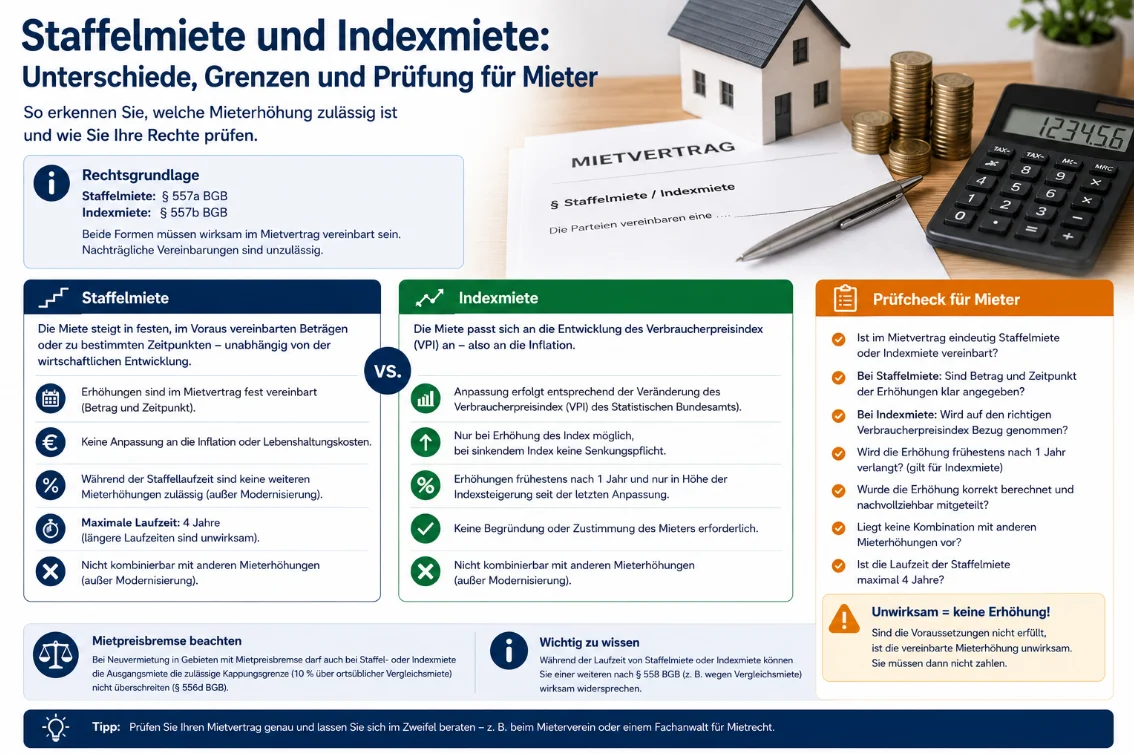Staffelmiete und Indexmiete: Unterschiede, Grenzen und Prüfung für Mieter