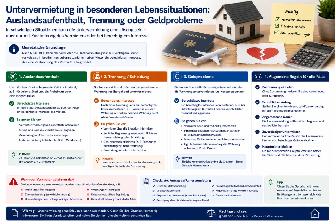 Untervermietung bei Auslandsaufenthalt, Trennung oder Geldproblemen: Wann ein berechtigtes Interesse vorliegt